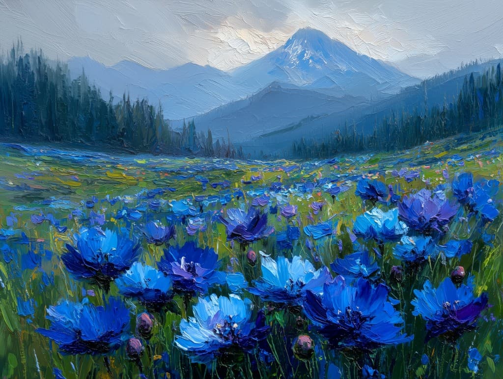 Impasto oil painting of a blue flower field stretching toward distant mountains