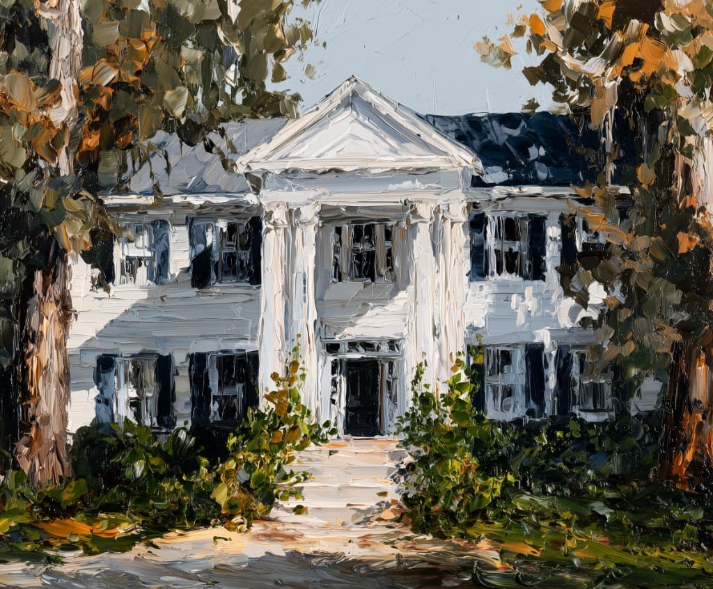 Impasto oil painting of a grand white colonial home with columns and dark shutters