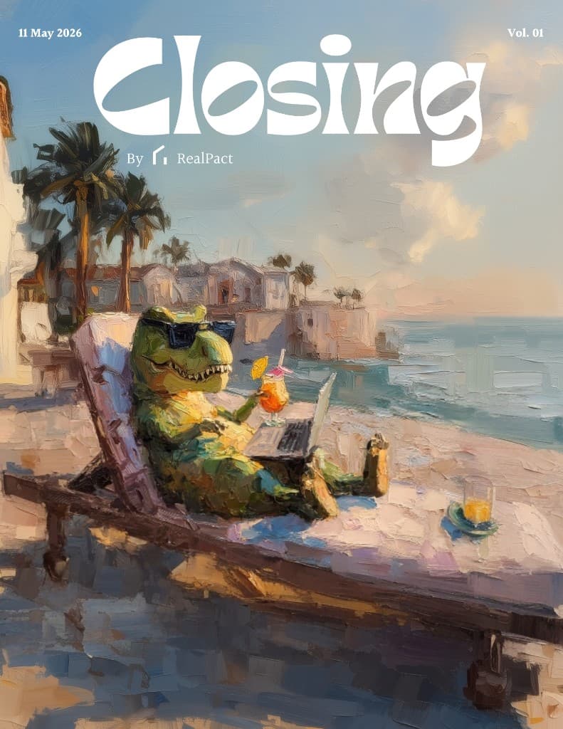Closing — Issue No. 01 cover: comfortable dinosaur on the beach, Vol. 01, May 2026