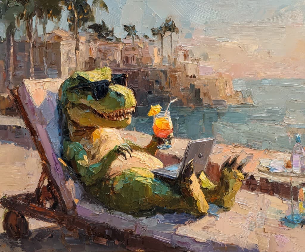 Closing — Vol. 01, May 2026. Magazine cover: comfortable dinosaur on the beach with a laptop.