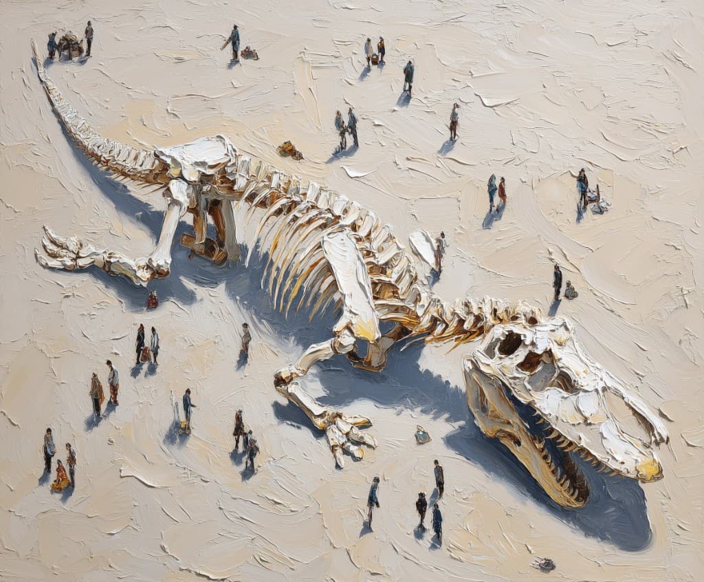 Impasto painting of a massive dinosaur skeleton in a desert landscape with tiny human figures for scale