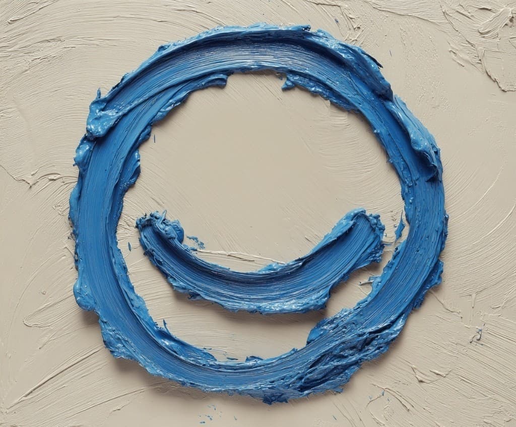 Minimalist impasto painting of a blue smile on a neutral background