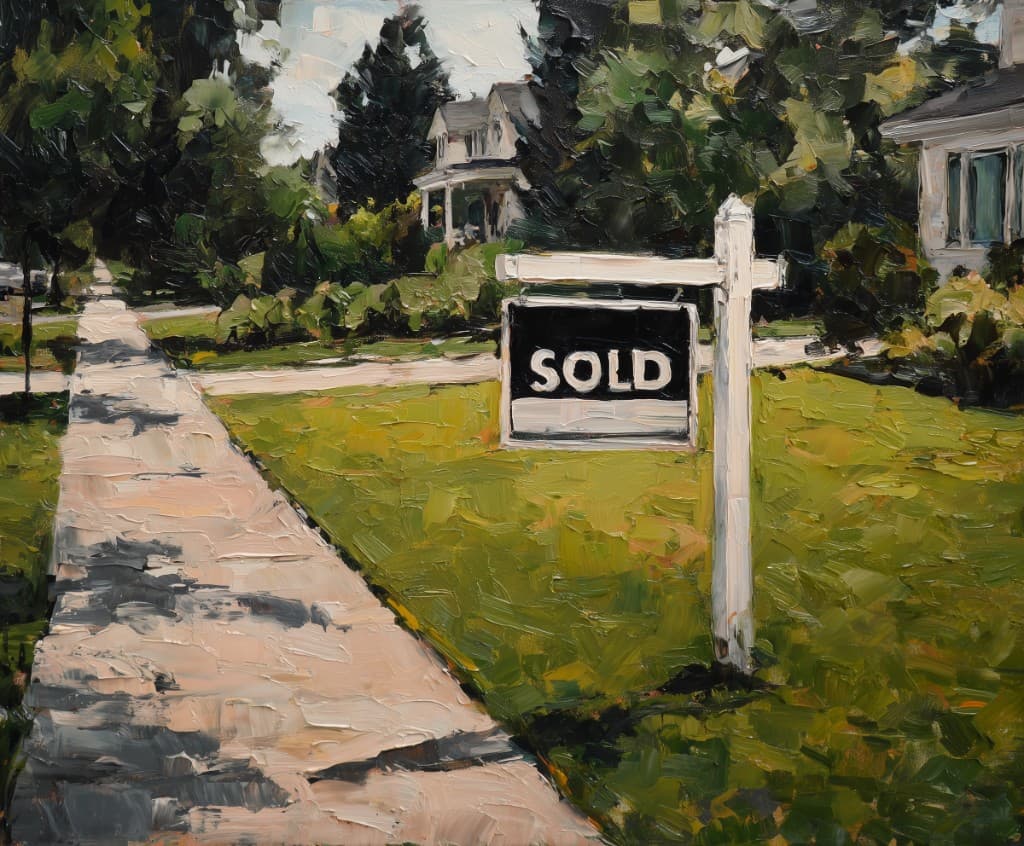 Impressionist painting of a suburban lawn with a real estate sign reading SOLD