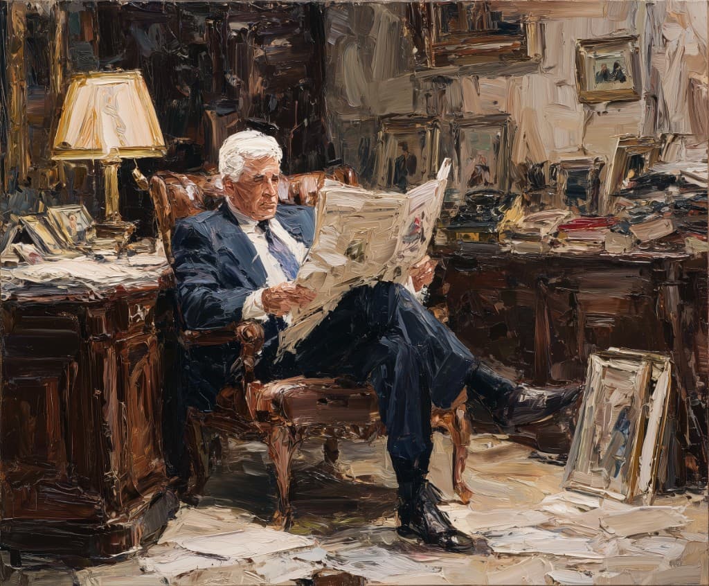 Impasto oil painting of an older man in a suit reading a newspaper in a paper-filled study