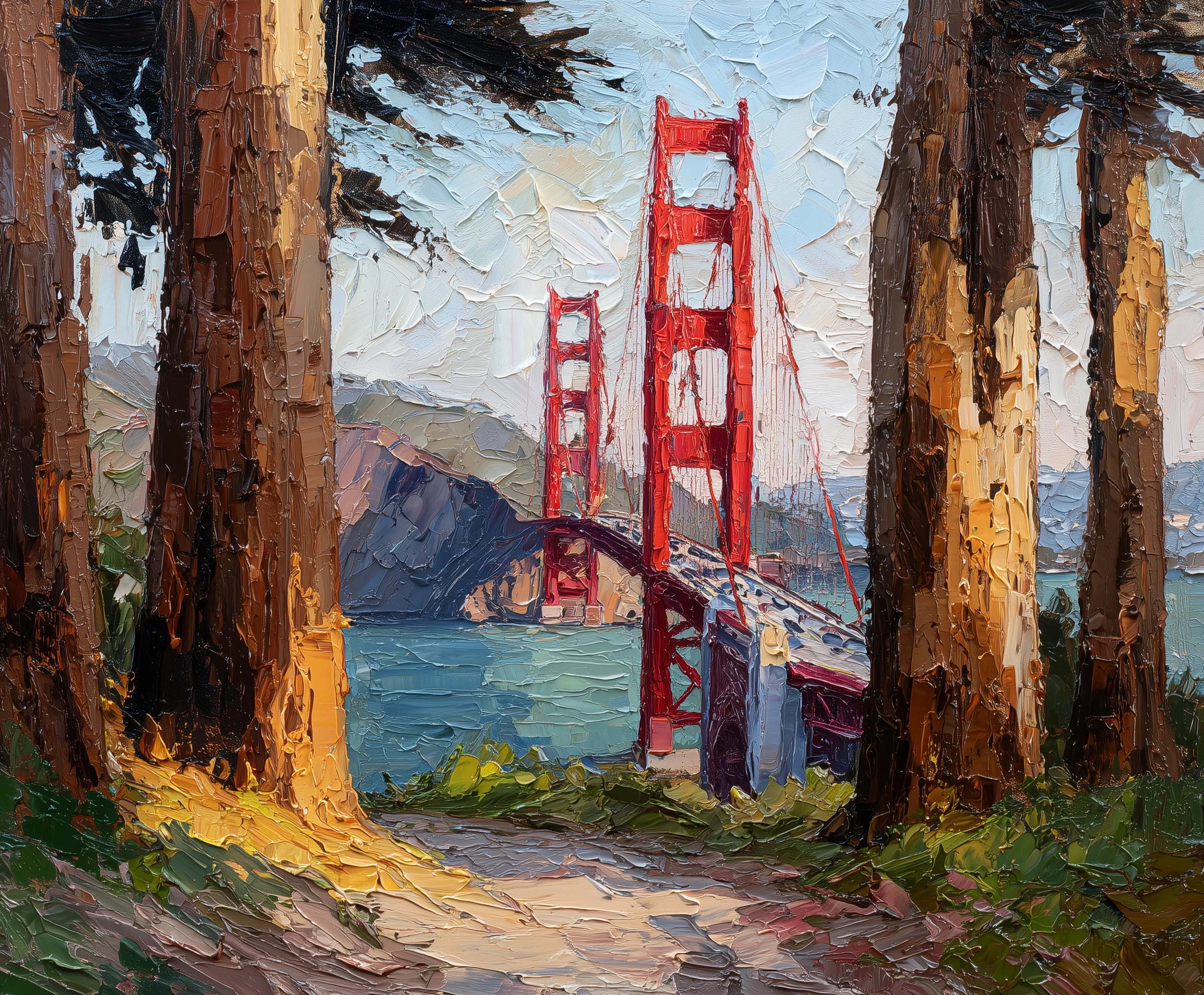 Impasto oil painting of the Golden Gate Bridge framed by redwoods