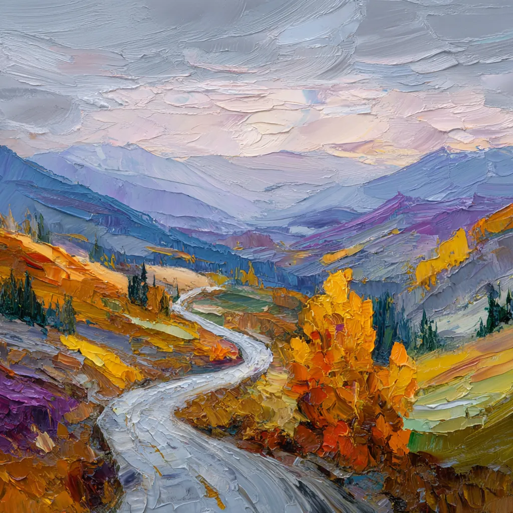 Impressionist painting of a winding road through autumn mountains