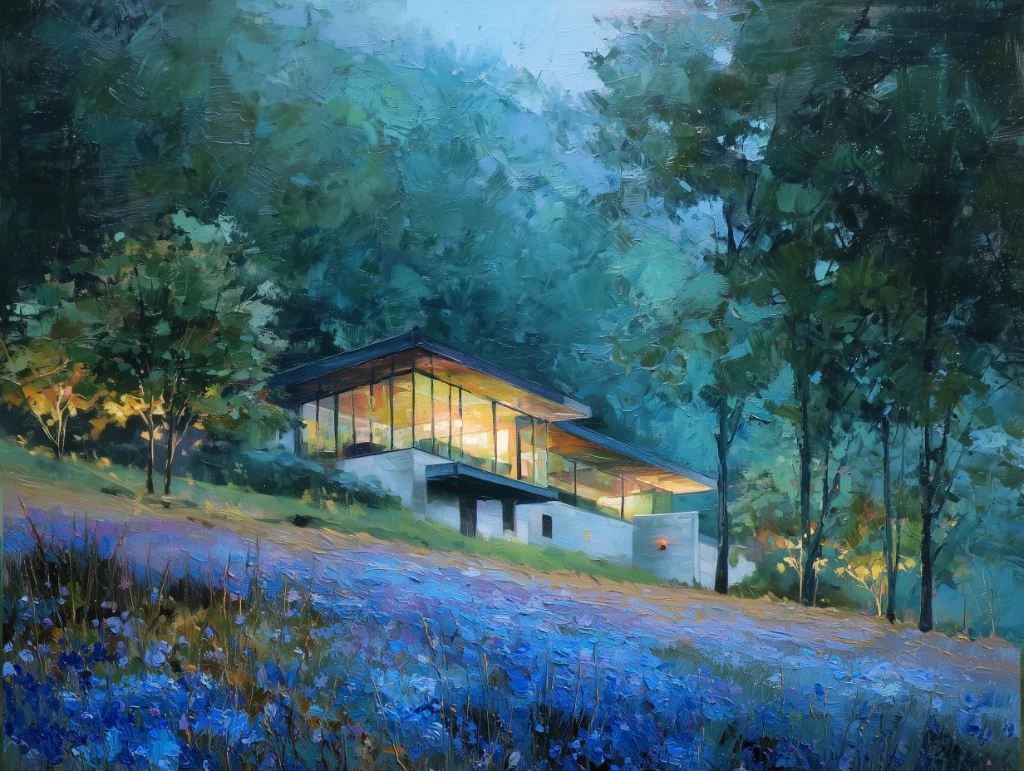 Modern house in blue flower field - impressionist painting