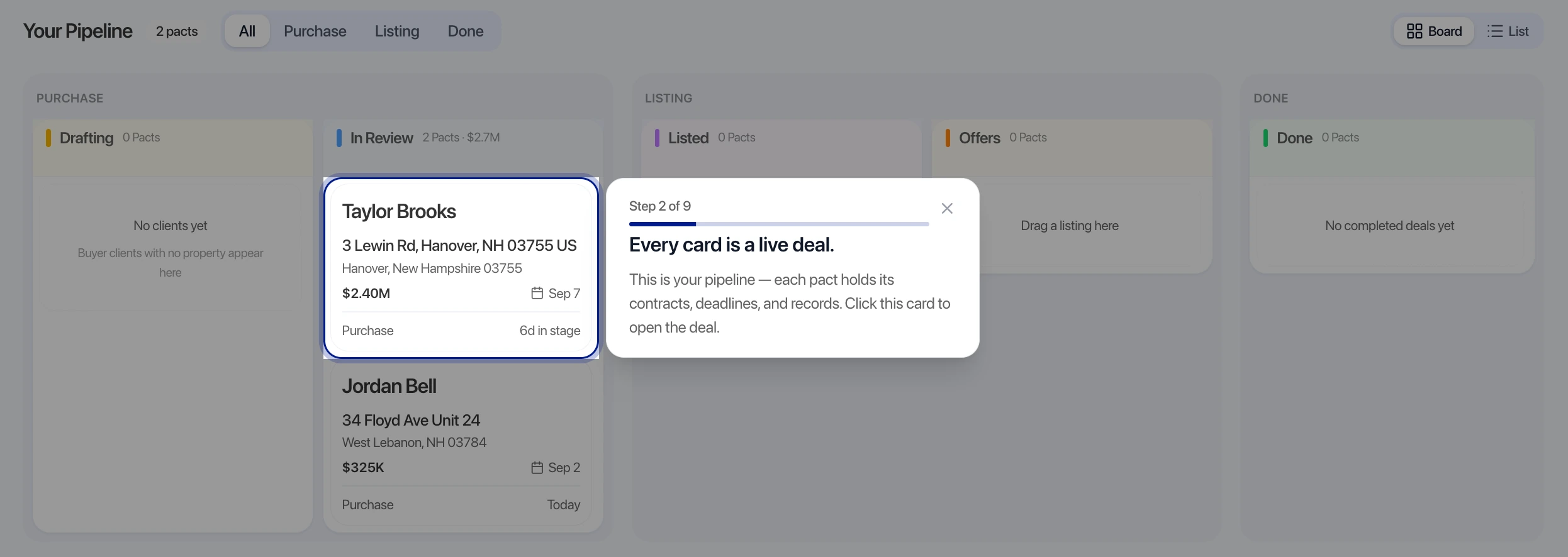 RealPact pipeline board with the guided tour highlighting a live pact card
