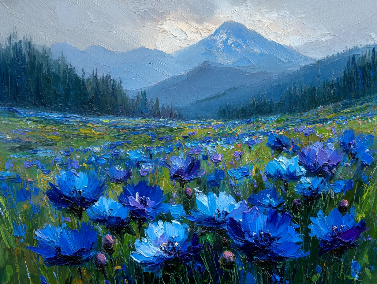 Blue flower field - impressionist artwork